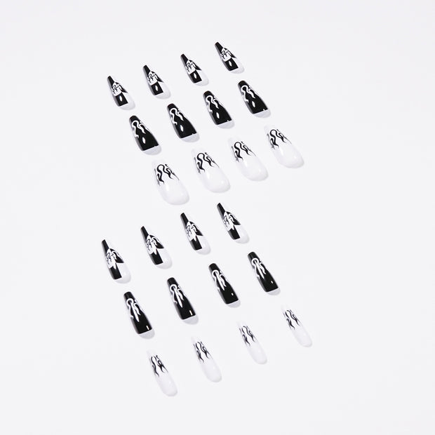 24 pieces Black & White Flame PRESS-ON NAILS FAKE NAILS Style:solid Shape:coffin Finish: glossy Length: extra long Occasion: holiday nails