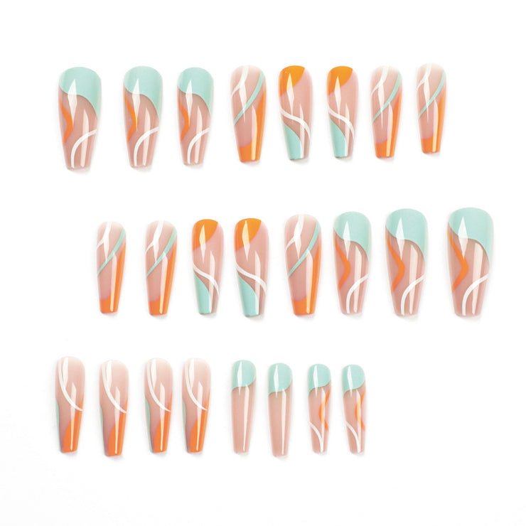 24 pieces Line Aesthetics PRESS-ON NAILS FAKE NAILS Style:swirl Shape:coffin Finish:glossy Length:long Occasion:holiday nails