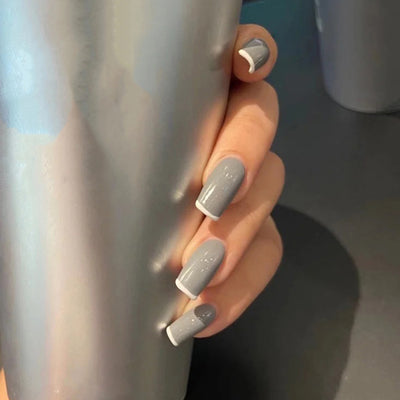 24 pieces grey PRESS-ON NAILS FAKE NAILS Style:French Shape:oval Finish:glossy Length:medium Occasion:regular nails