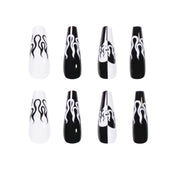 24 pieces Black & White Flame PRESS-ON NAILS FAKE NAILS Style:solid Shape:coffin Finish: glossy Length: extra long Occasion: holiday nails