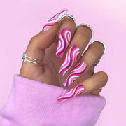 24 pieces Pink Waves PRESS-ON NAILS FAKE NAILS Style:swirl Shape:coffin Finish: matte Length: extra long Occasion: holiday nails