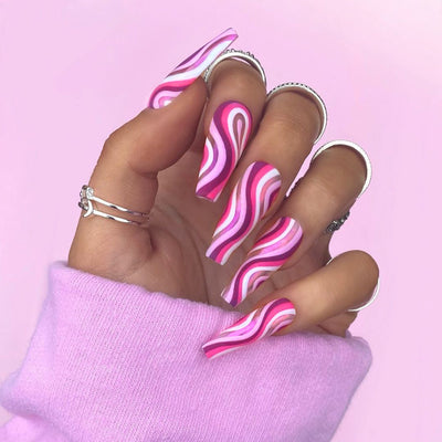 24 pieces Pink Waves PRESS-ON NAILS FAKE NAILS Style:swirl Shape:coffin Finish: matte Length: extra long Occasion: holiday nails