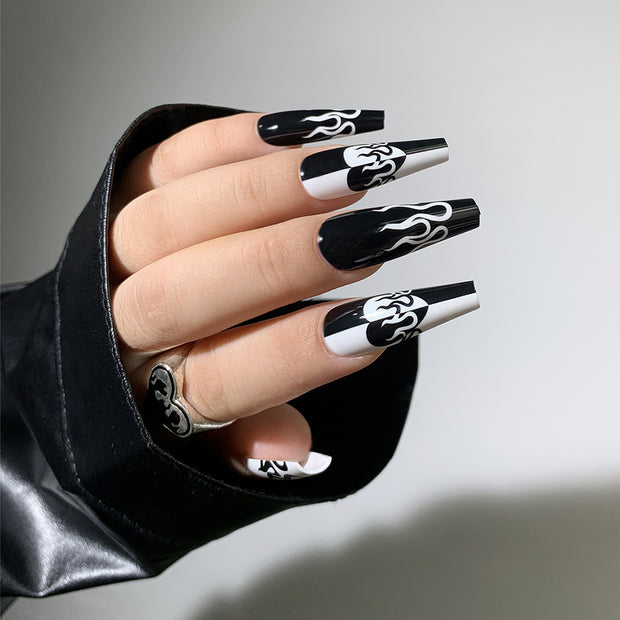 24 pieces Black & White Flame PRESS-ON NAILS FAKE NAILS Style:solid Shape:coffin Finish: glossy Length: extra long Occasion: holiday nails