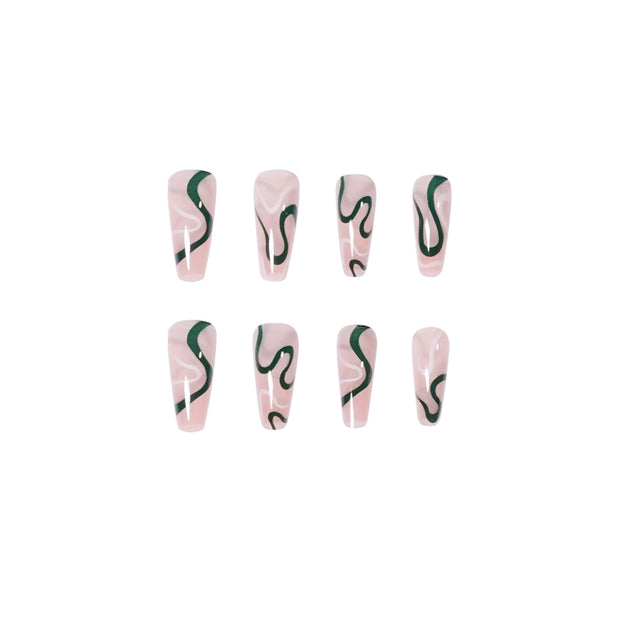 24 pieces Dark green Waves PRESS-ON NAILS FAKE NAILS Style:swirl Shape:coffin Finish:glossy Length:long Occasion:holiday nails