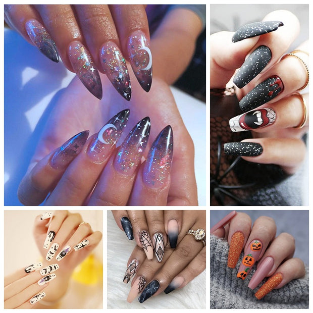 24 pieces HALLOWEEN PRESS-ON NAILS FAKE NAILS Style:rainbow Shape:coffin stiletto  Finish:glossy  Length:long Occasion: Halloween nails