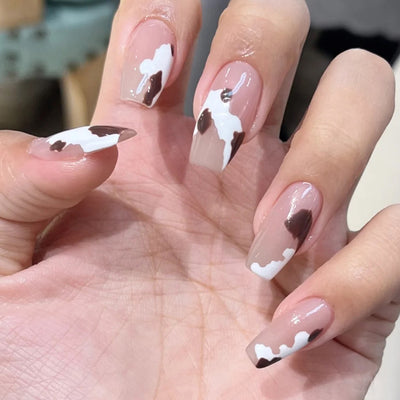 24 pieces MILK COFFEE PRESS-ON NAILS FAKE NAILS Style:classy Shape:coffin Finish:glossy Length:long Occasion:holiday nails